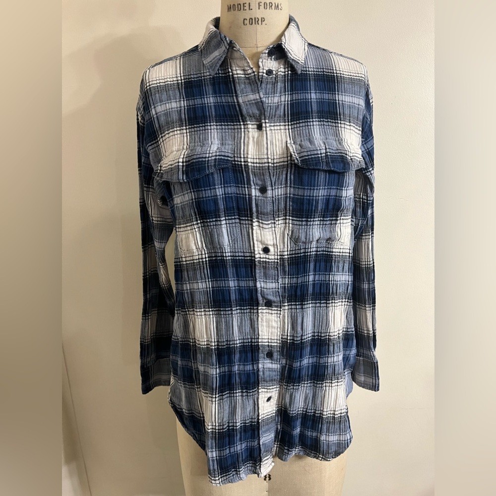 H&M Crinkled Long Plaid Button Front Long Sleeve Shirt Size XS